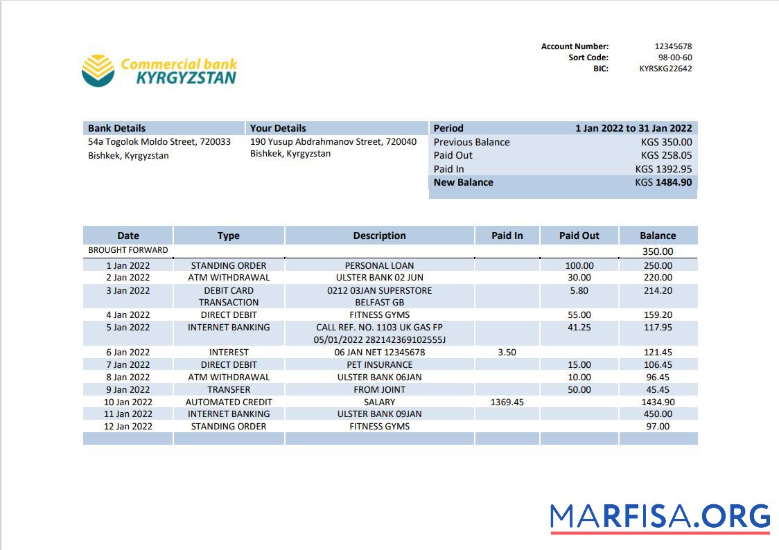 Blank Kyrgyzstan Commercial bank statement word.1 sample